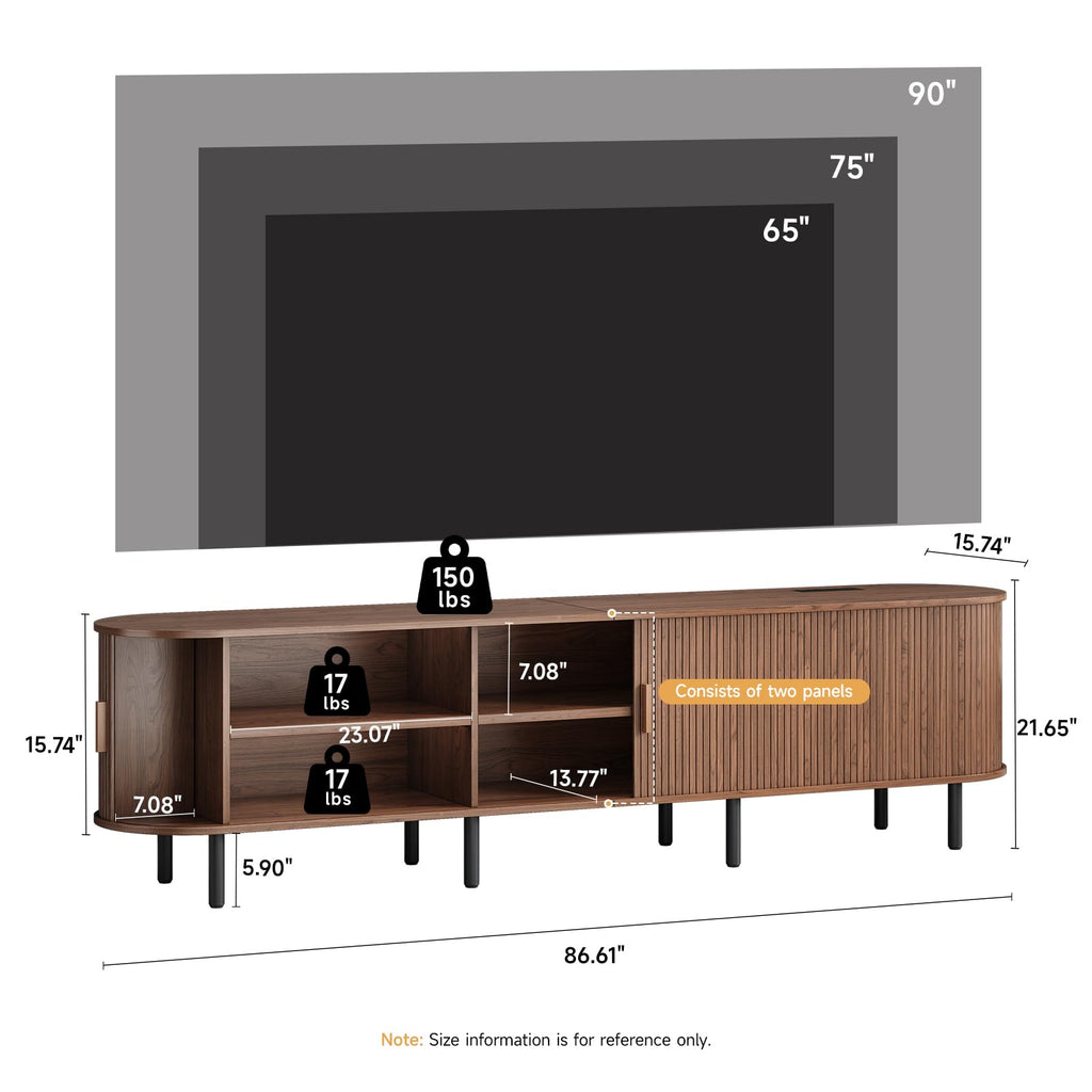 86.6" Mid Century Modern TV Stand with Sliding Doors for 90" TV