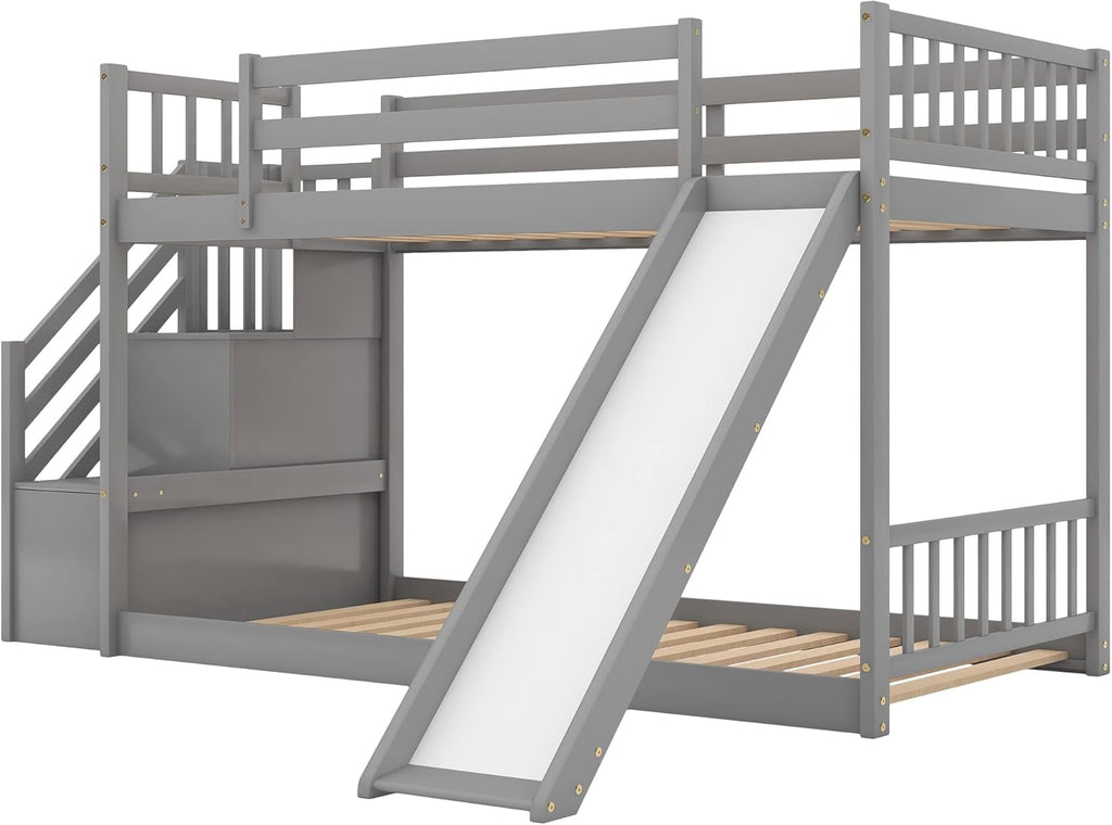 Twin Over Twin Bunk Bed with Slide and for Storage Staircase for Teens, Boys or Girls, No Box Sping Needed