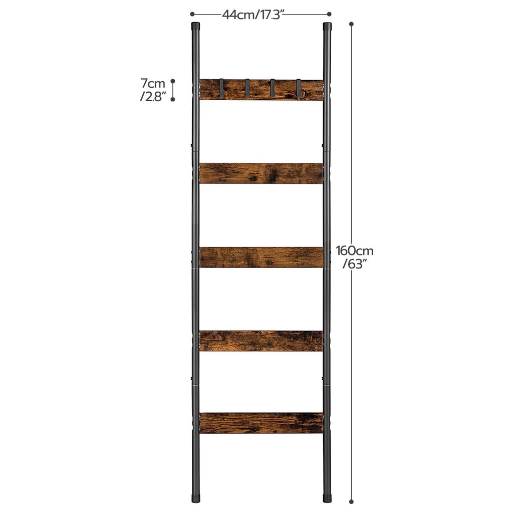 Blanket Ladder, 5-Tier Towel Rack with Hooks, Wall-Leaning Blanket Rack, Decorative Display Ladder Shelf, for
