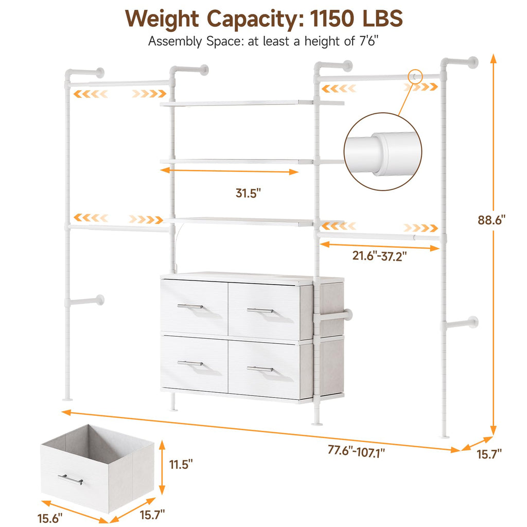 T4 Closet System with Stepless Dimmable LED Light & Drawers, White