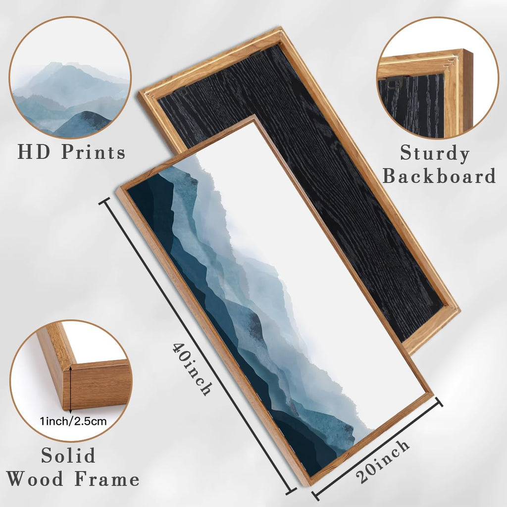 Blue Framed Mountain Landscape Wall Art Fog Mountain Painting Wall Decor Living Room Office Decor 20x40 Inch
