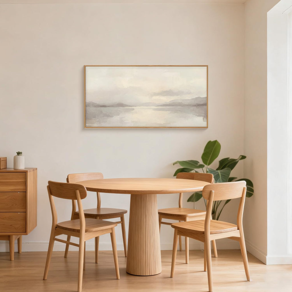 Large Abstract Neutral Beige Pastel Framed Canvas Wall Art, Modern Watercolor Lakes Wall Decor, Nature Mountain
