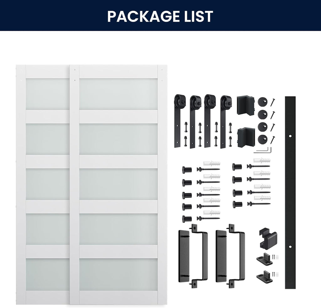 72 x 84 in (Double 36×84 Door) Glass Barn Door with 12FT Sliding Hardware Kit & Handle, Pre-Drilled 