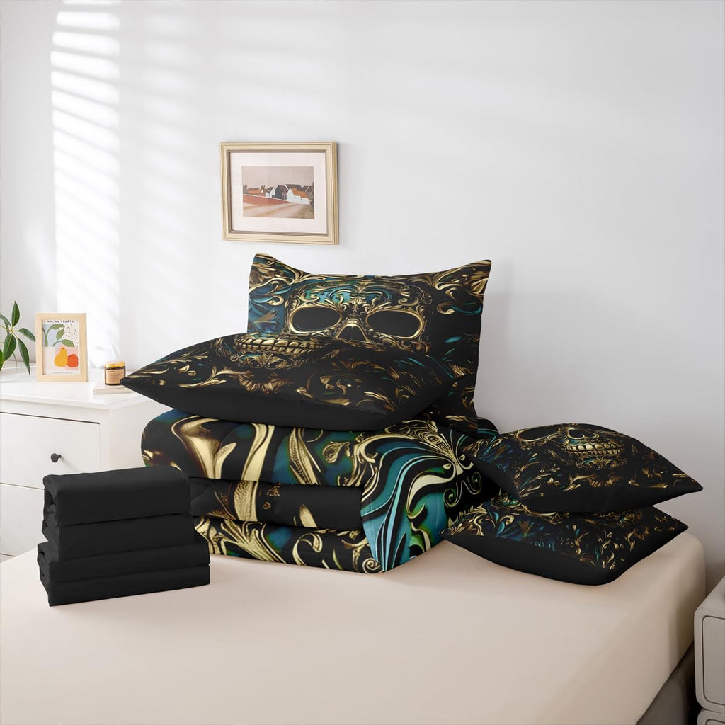 Gothic King Size Comforter Sets with Sheets, Gold Skeleton 7 Piece Bedding Set Sugar Skull Black Damask Bed in a Bag