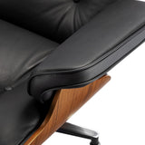 Mid-Century Modern Lounge Chair & Ottoman — Black Bonded Grain Leather, Light Walnut Base, Extended Chaise