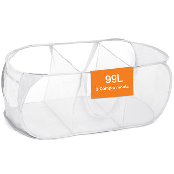 Durable Collapsible Foldable Mesh Pop Up Laundry Basket, 3 Compartments Easy to Carry & Sort Clothes Hampers, Travel