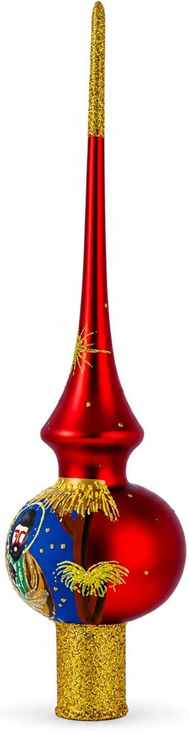 Holy Family Nativity Scene on Red Glass Christmas Tree Topper 11 Inches