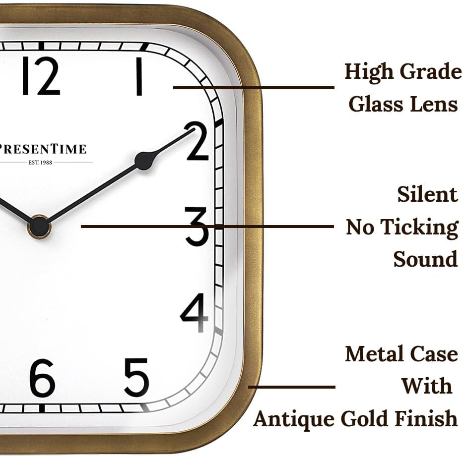 Presentime & Co 10" Anton Vintage Square Clock, Silent No Ticking, Wall & Mantel 2 in 1 Clock, Desk and Shelf Clock