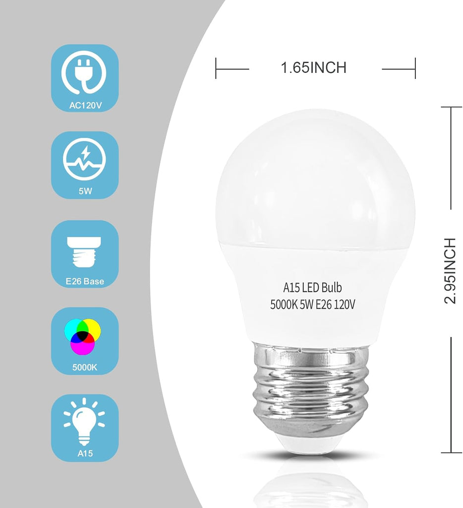 LED Refrigerator Light Bulb 2 Pack，Daylight White 5000K 120V 40W Equivalent Appliance Bulb，A15 5W E26 Base Waterproof