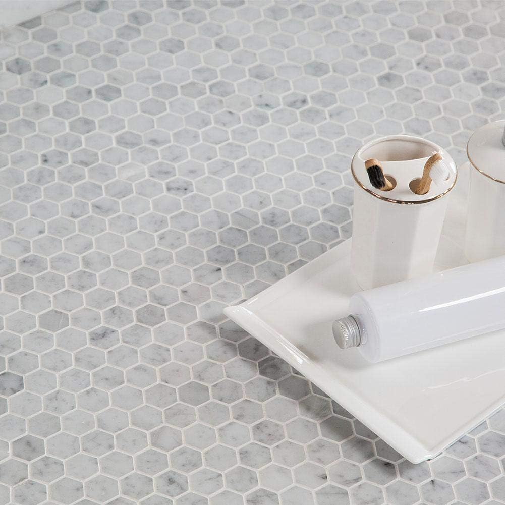 Carrara Marble 1 Inches Hexagon Honed Mosaic Tile - Natural Stone Backsplash, Bathroom Wall, Floor, and Shower (Box