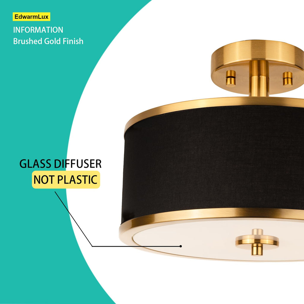 3-Light Semi Flush Mount Ceiling Light Fixture, 12.6" Gold Drum Light with Black Fabric Shade, Modern Close to