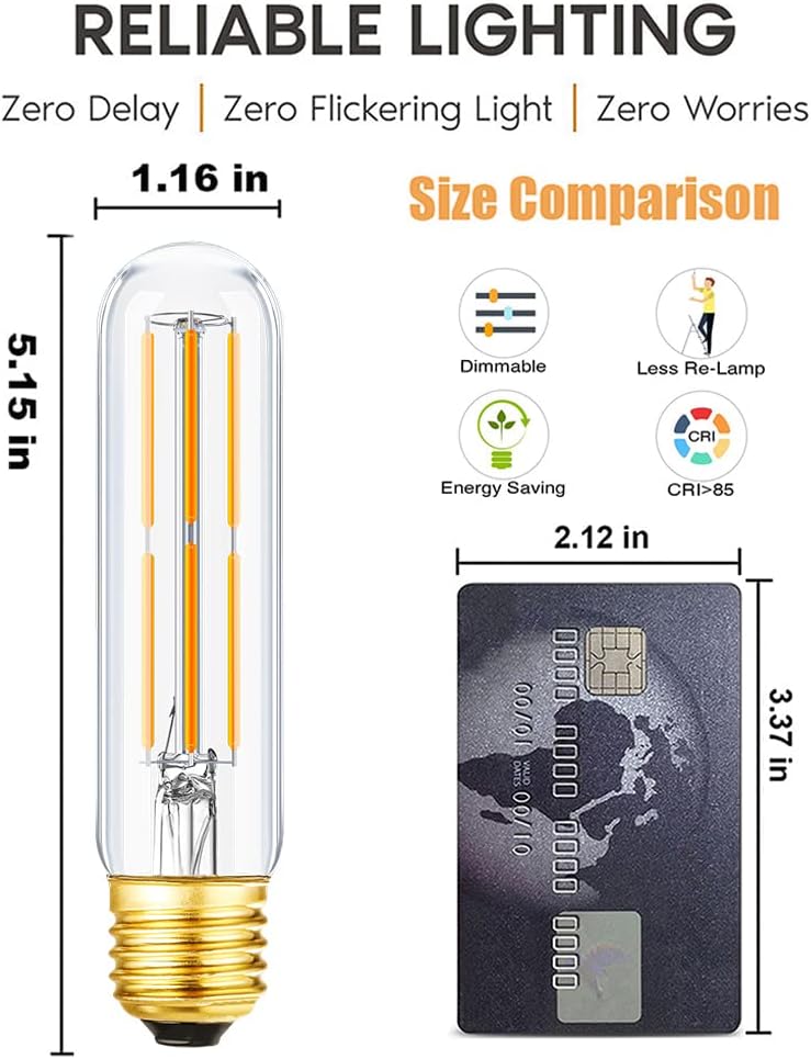 T10 Led Bulb,Dimmable Tubular Vintage LED Edison Bulbs 6W,Equivalent 60 Watt,600LM,Warm White 2700K,Clear Glass,E26