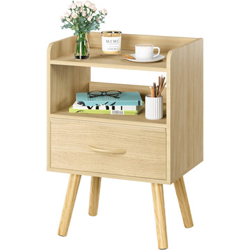 Modern Nightstand with Fabric Drawer, Bedside Tables, Mid Century Nightstand with Open Storage Shelf, Wood Bedside