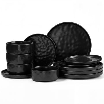 Black Plates and Bowls Sets, 12-Piece Stoneware Dinnerware Set for 4