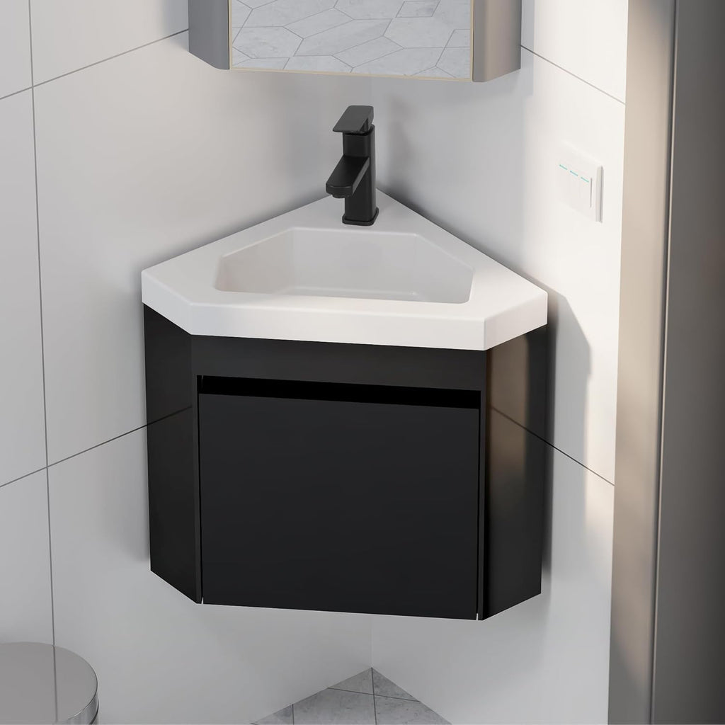 22" Corner Bathroom Vanity with Sink – Wall-Mounted Floating Cabinet for Small Spaces, White Resin Sink with Matte Black Faucet, Black