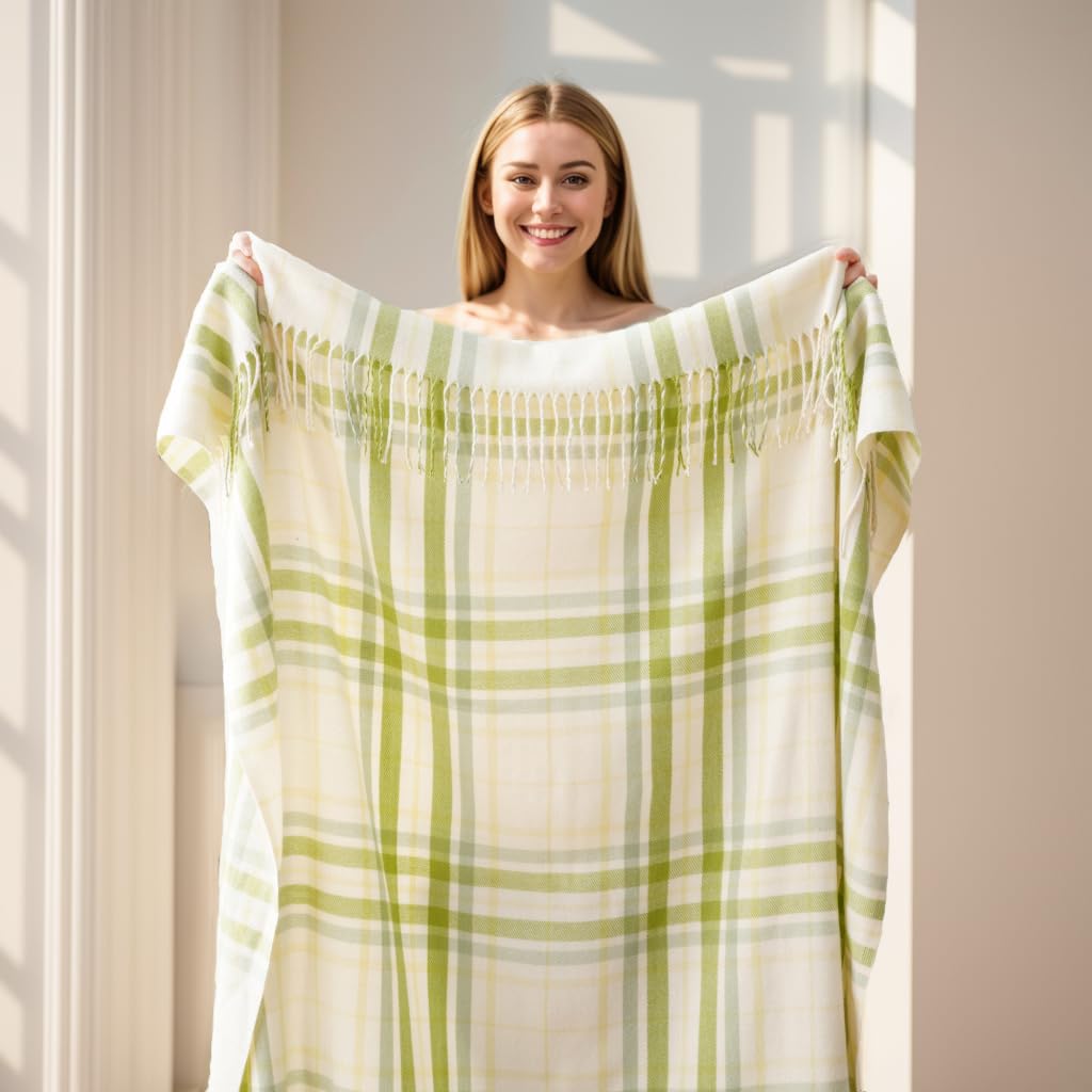 Spring Summer Plaid Throw Blanket for Couch Bed, White Green Stripe Blanket