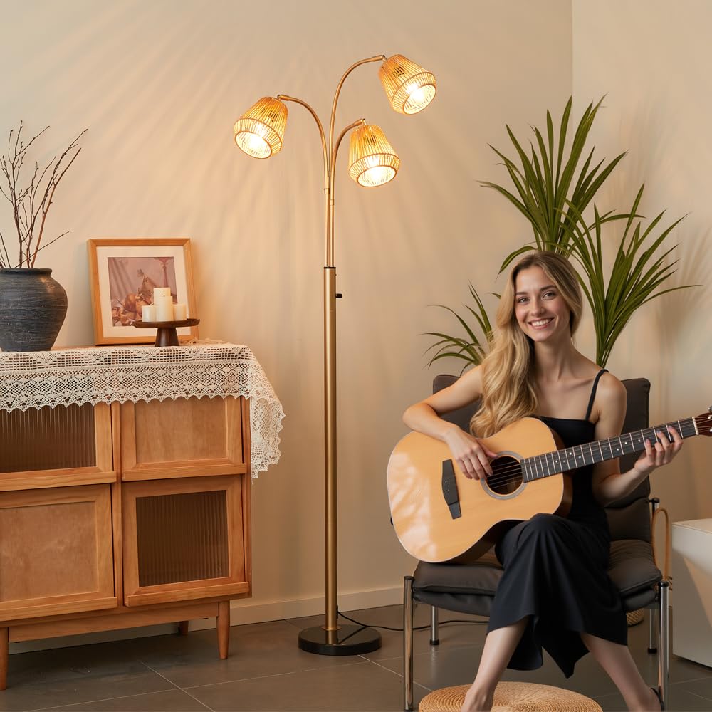 Gold Rattan Floor Lamp, 72'' 3-Light Boho Lamp