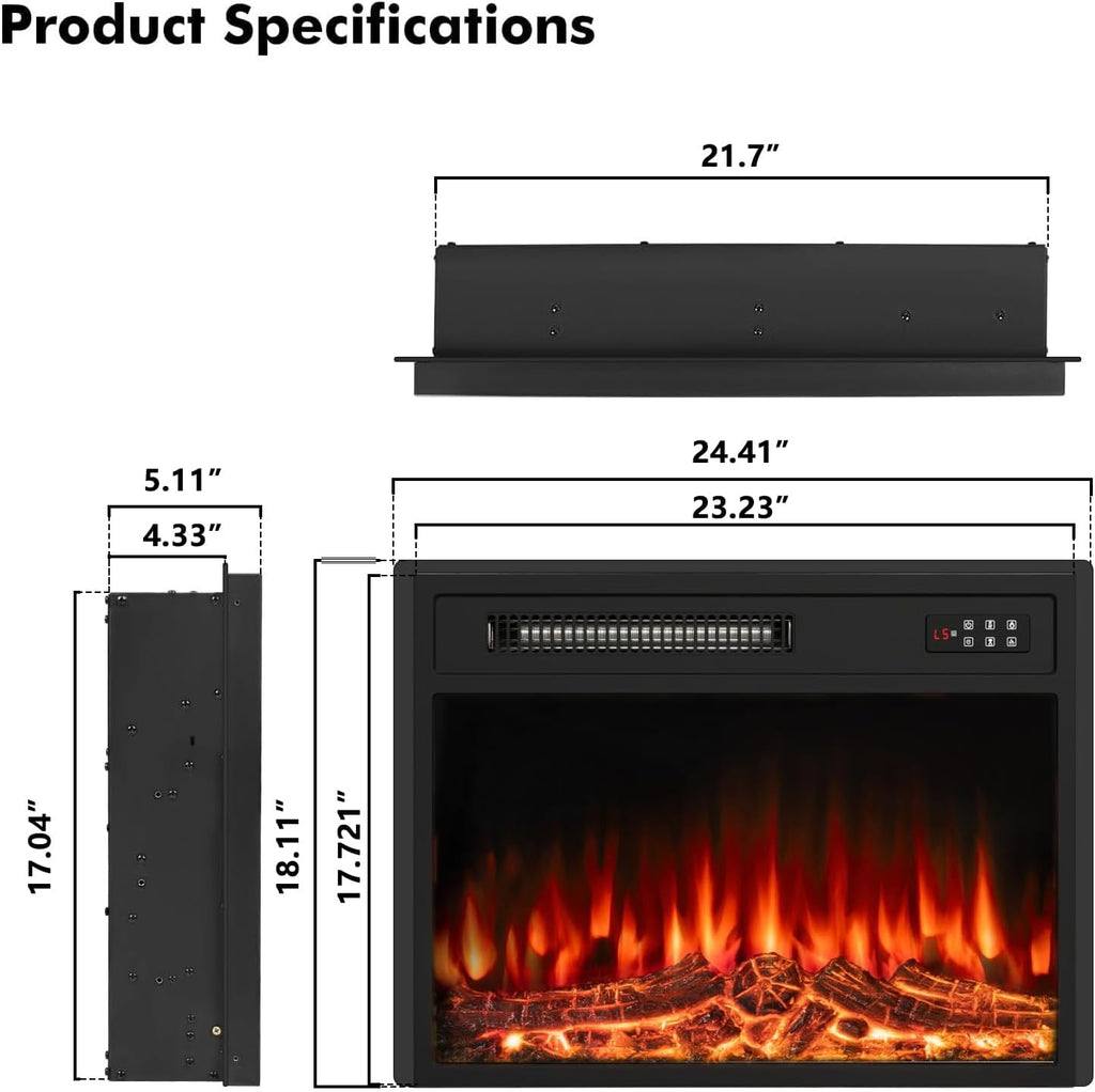 23 inch Electric Fireplace Insert with Stove Heater for TV Stand,LED Realistic Flame,Recessed Mounted Fireplace