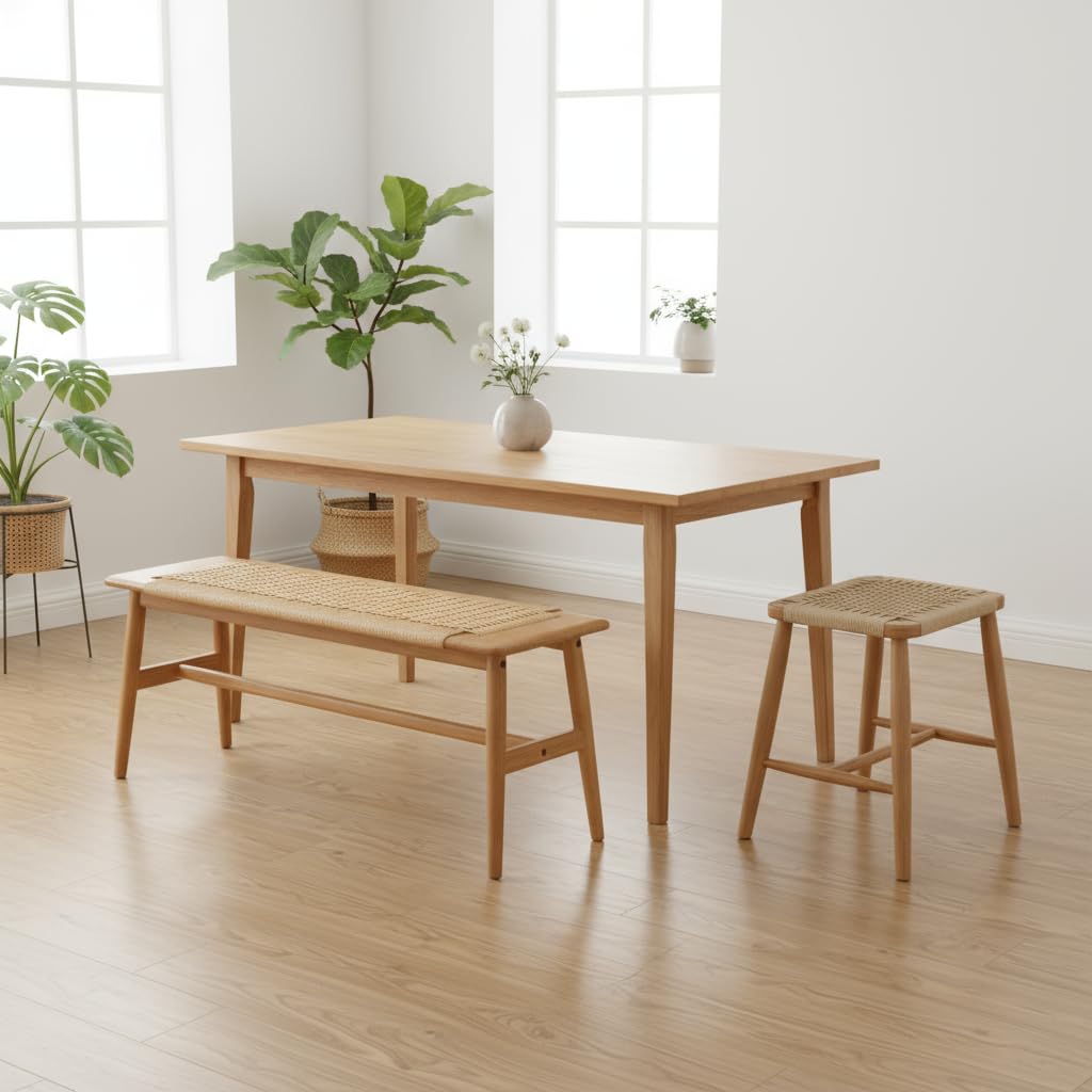 100% Solid Oak Wood Woven Dining Bench