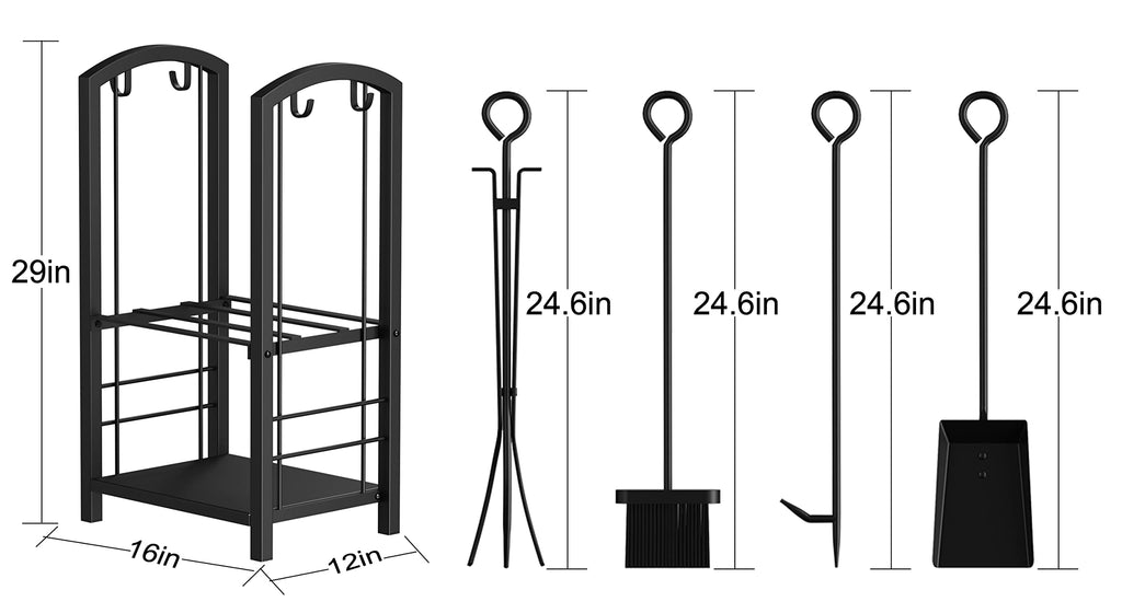 Firewood Rack Log Holder Wood Storage with 4 Fireplace Tool Set
