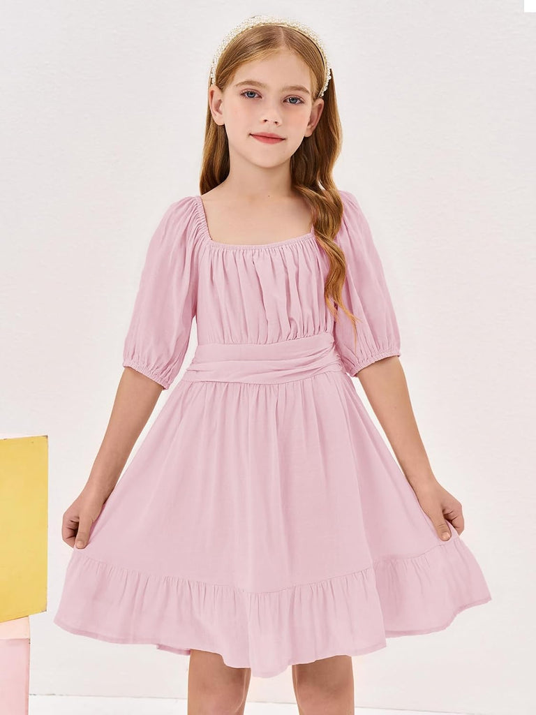 Girls Summer Dresses Square Neck Tie Backless Dress