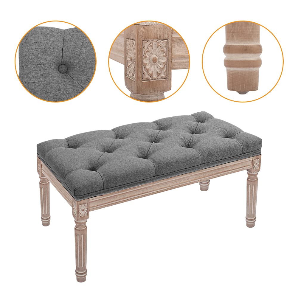 31.5 Inch Fabric Upholstered Entryway Ottoman Bench - Classic Bedroom Bench with Rustic Wood Legs, Set of 1, Dark Grey