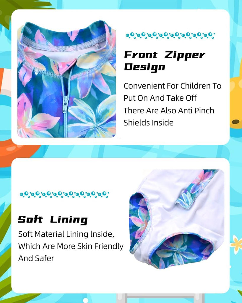 Girls Swimsuits One Pieces Long Sleeve Swimwear Zipper Rashguard Bathing Suits
