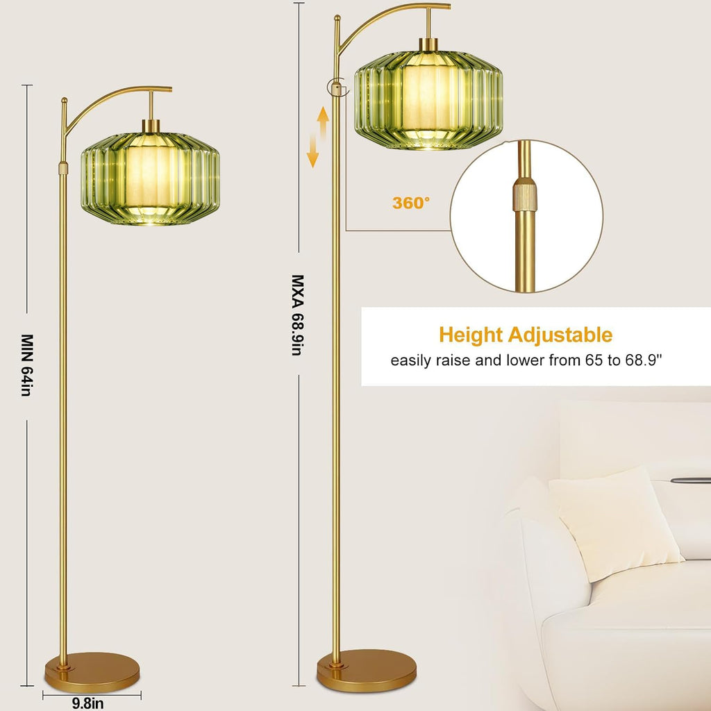 Arc Floor Lamp, Gold Vintage Remote Dimmable Standing Lamps With Green Drum Glass&Fabric Shade, LED Tall Floor Light