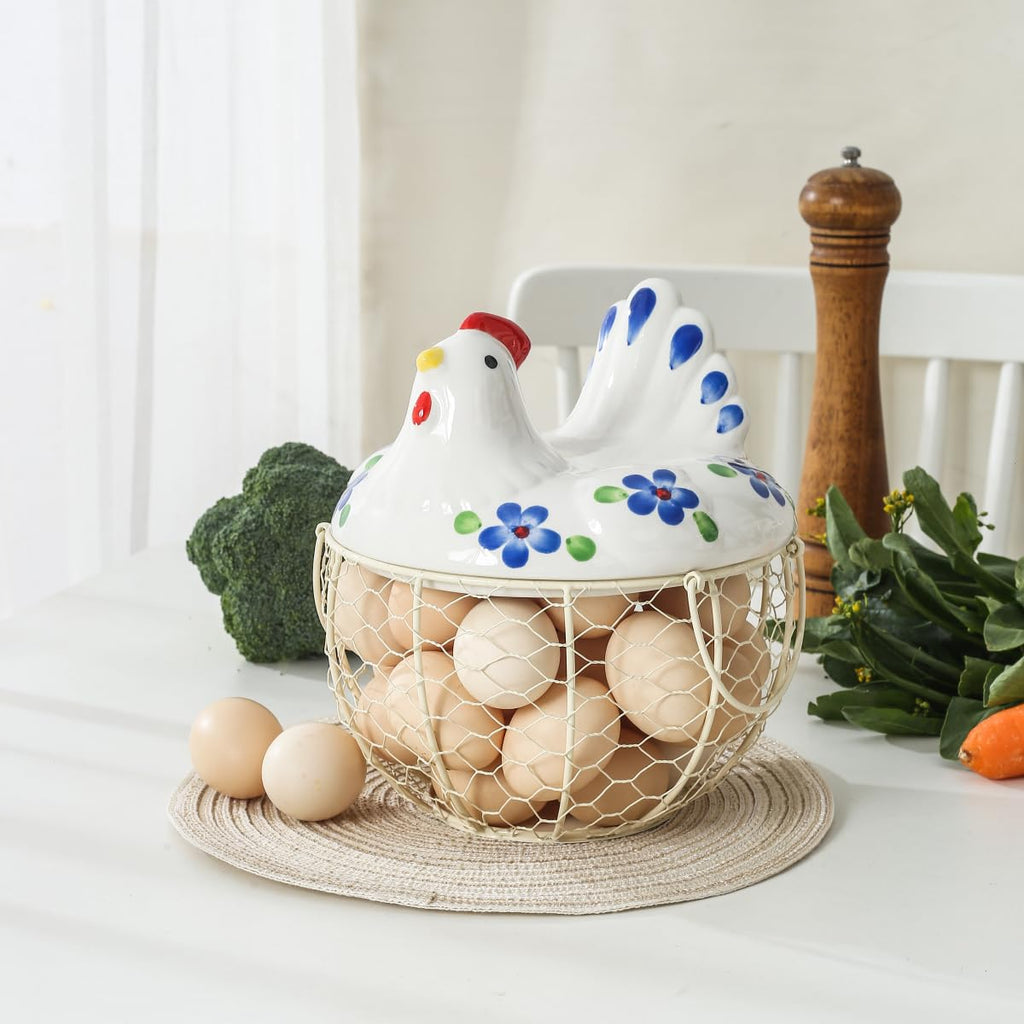Decorative Egg Basket for Counter, Ceramic Chicken Lid with Wire Basket, Holds 20-25 Eggs