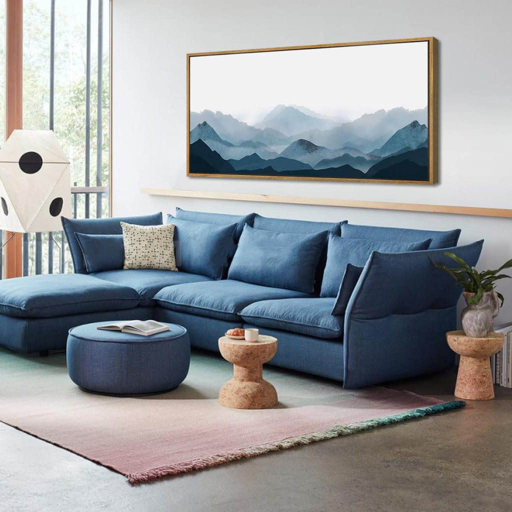 Blue Framed Mountain Landscape Wall Art Fog Mountain Painting Wall Decor Living Room Office Decor 20x40 Inch