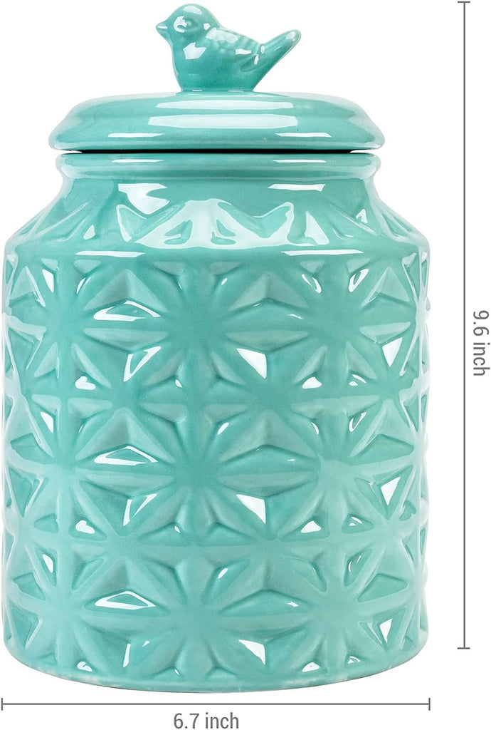 Turquoise Ceramic Cookie Jar with Lid, Embossed Star & Bird Design