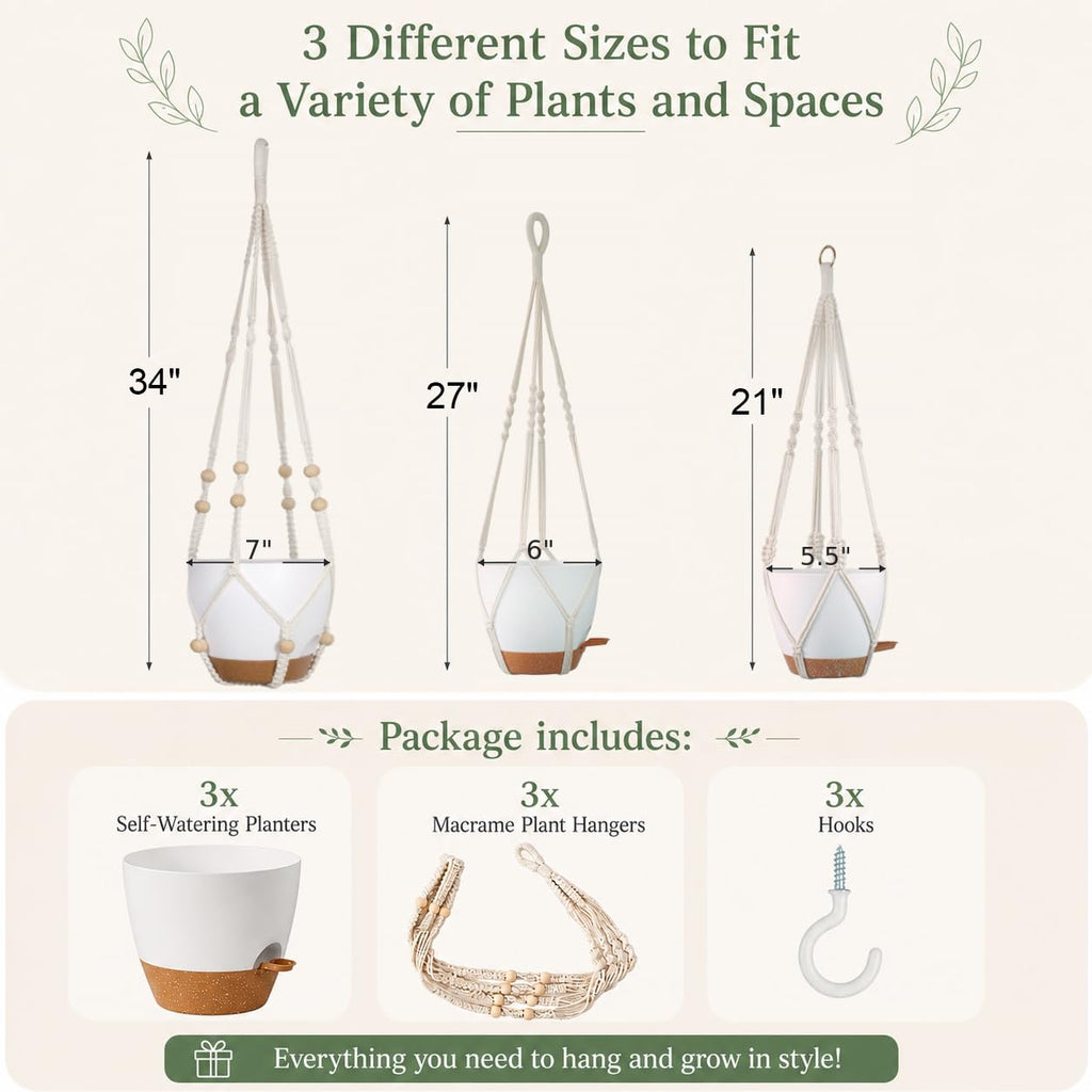 3 Set Self Watering Hanging Planters for Indoor Plants