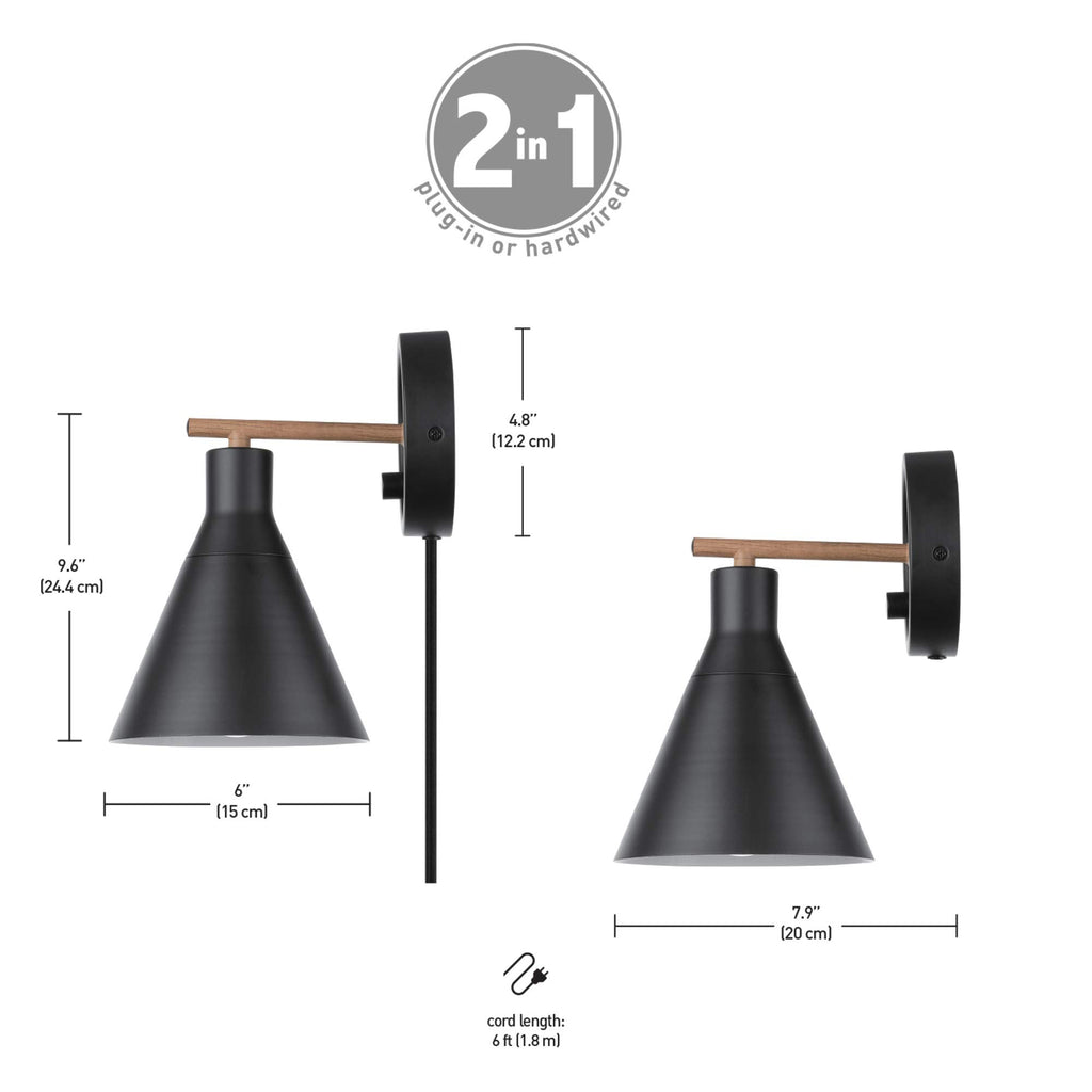 Dimmable Plug-in or Hardwire Wall Sconce, Matte Black, Faux Walnut Accent, Stepless Dimming Rotary Switch on