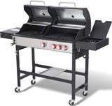 Charcoal and 3-Burner Propane Gas Grill Combo with Side Burner, Dual Fuel BBQ Grill with Porcelain Cast Iron Grates