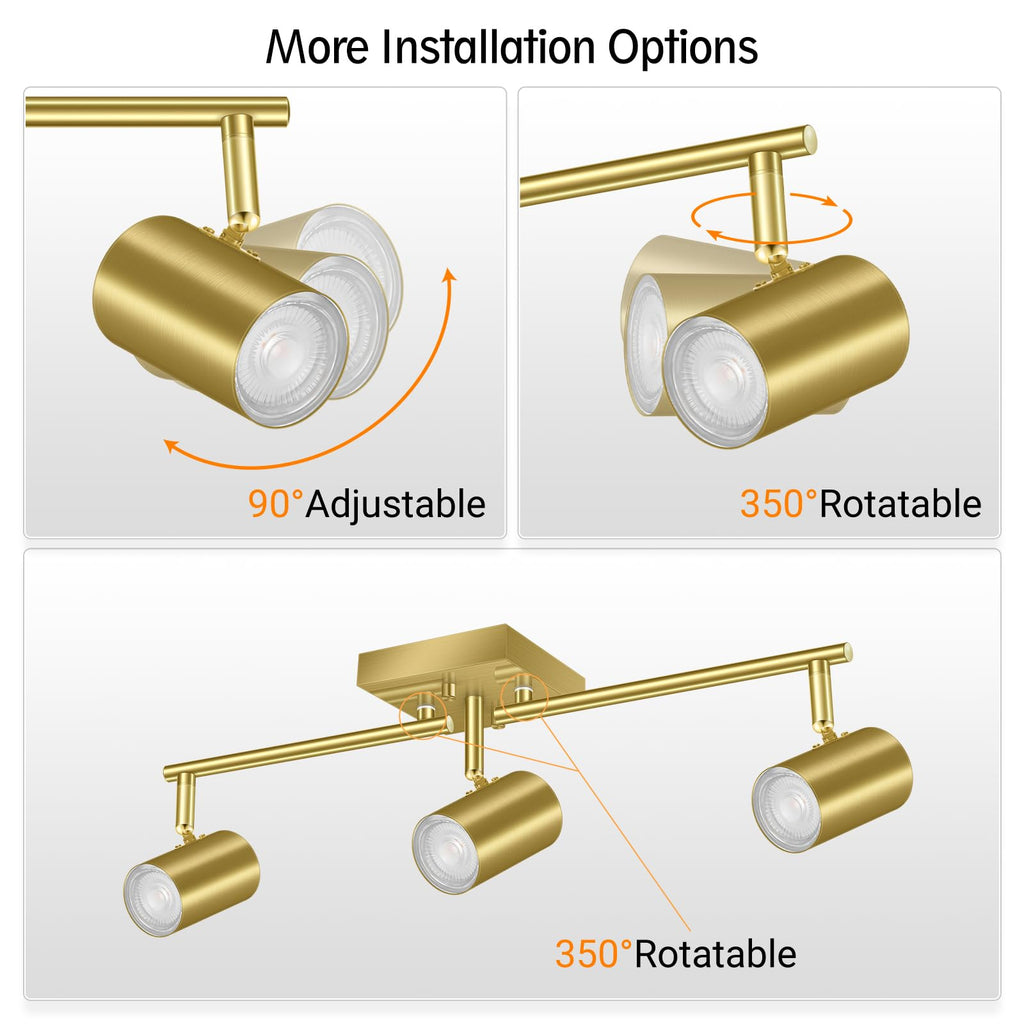 3 Light Track Lighting Fixtures Ceiling, Gold Kitchen Lighting Fixtures Ceiling, LED Track Lighting Kit, Rotatable