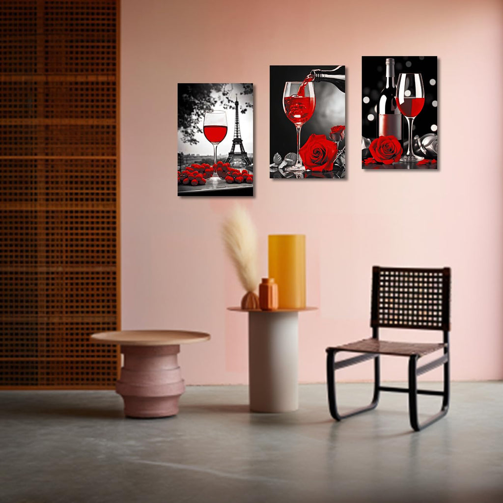 Wine Decor Kitchen Canvas Prints 3 Panel Black White and Red Wine with Rose Wall Eiffel Tower Painting Restaurant