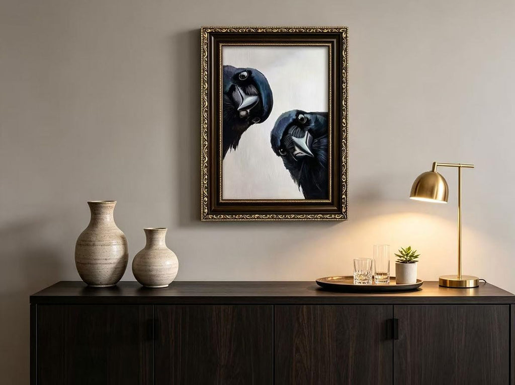 Vintage Gold Framed Crow Wall Art, Whimsical Bird Portrait Canvas Prints