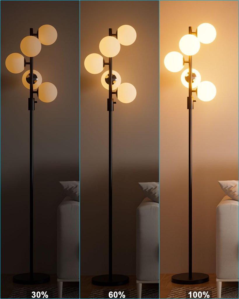 5-Globe Dimmable Globe Floor Lamp Black Standing Lamps with 5Pcs 3000K Bulbs Included Brightness Adjustable Retro Mid
