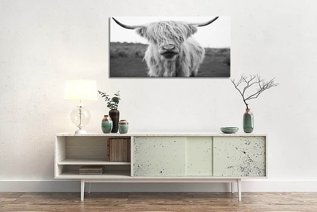 Highland Cow Canvas Art - Black and White Animal Wall Art Decor