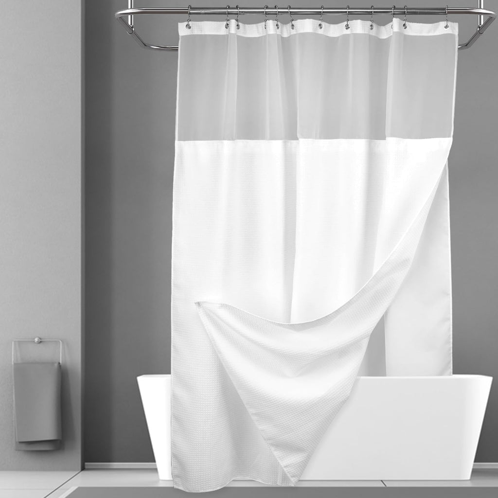Waffle Weave Shower Curtain with Snap-in Liner Set White, 71x72 | 12 Metal Hooks Included, Snap on/off Fabric Liner