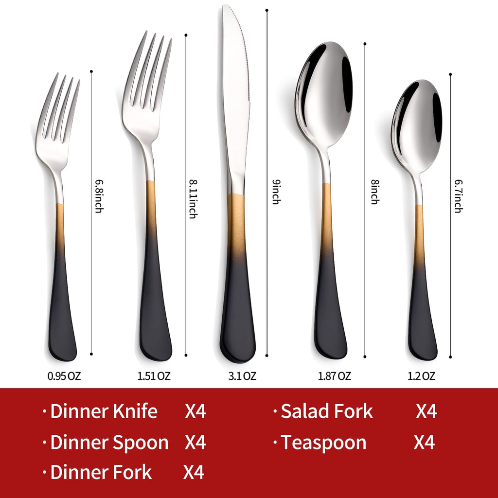 Colorful Silverware Set 20 Piece 18/0 Stainless Steel Flatware Black and Gold Handle Cutlery Set Service for 4 Fork