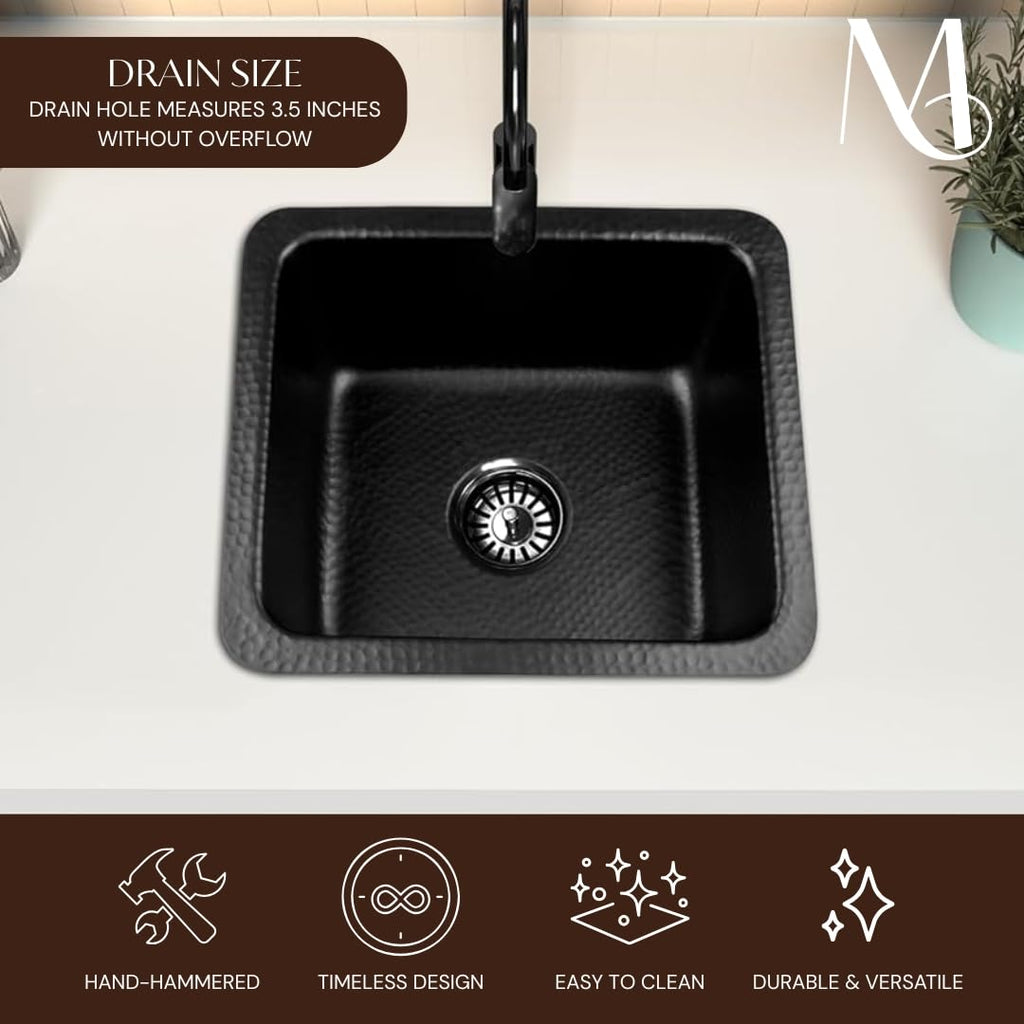 Kitchen & Bar Sink - 17-inch Highball Dual Mount Drop Sink, Hand Hammered Matte Black Aluminum Sinks, Drop in Bar