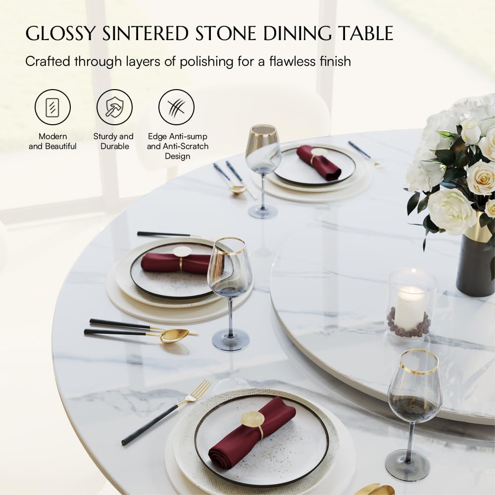 51" Modern Round Dining Table with Lazy Susan for 4, Glossy White Round Dining Room Table, Sintered Stone Dining