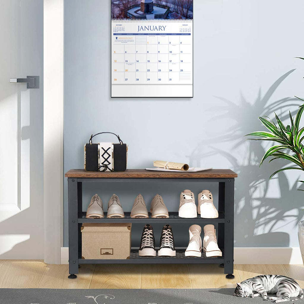 Shoe Bench, 3-Tier Industrial Shoe Rack Bench, Entryway Bench Shoe Organizer with 2 Mesh Shoe Storage Shelves, Wood
