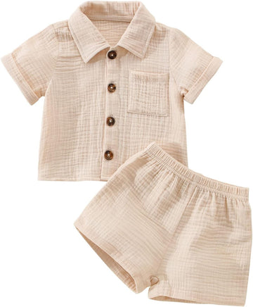 Baby Boy Summer Outfits Linen Short Sleeve Tops Button Down Shirt Short Sets Toddler Boy Clothes