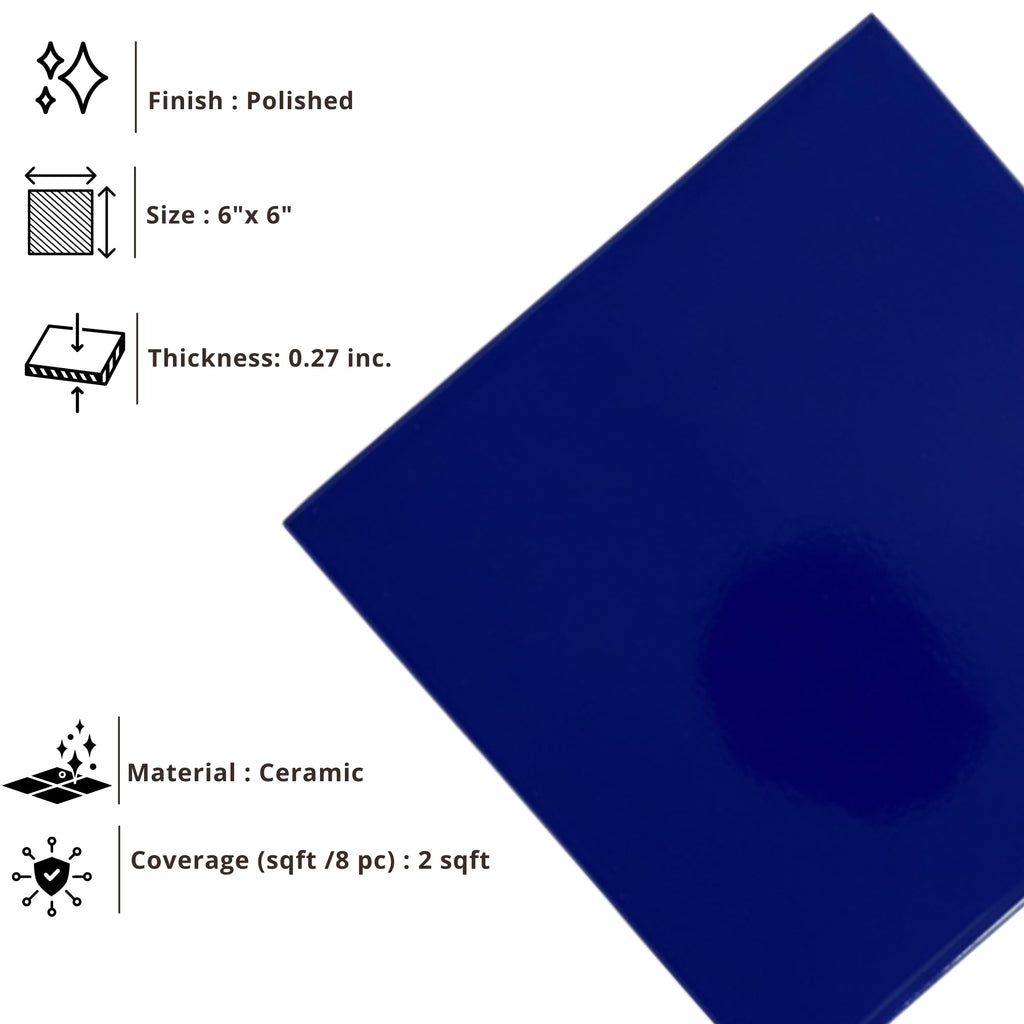 Classic 6x6 Glossy Cobalt Blue Ceramic Wall Tile - Box of 8 Pieces (2 Sq Ft) Backsplash, Bathroom Wall, Shower &
