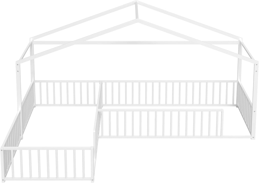 Double L-Shaped Montessori Bed Metal Floor Bed Frame, White
