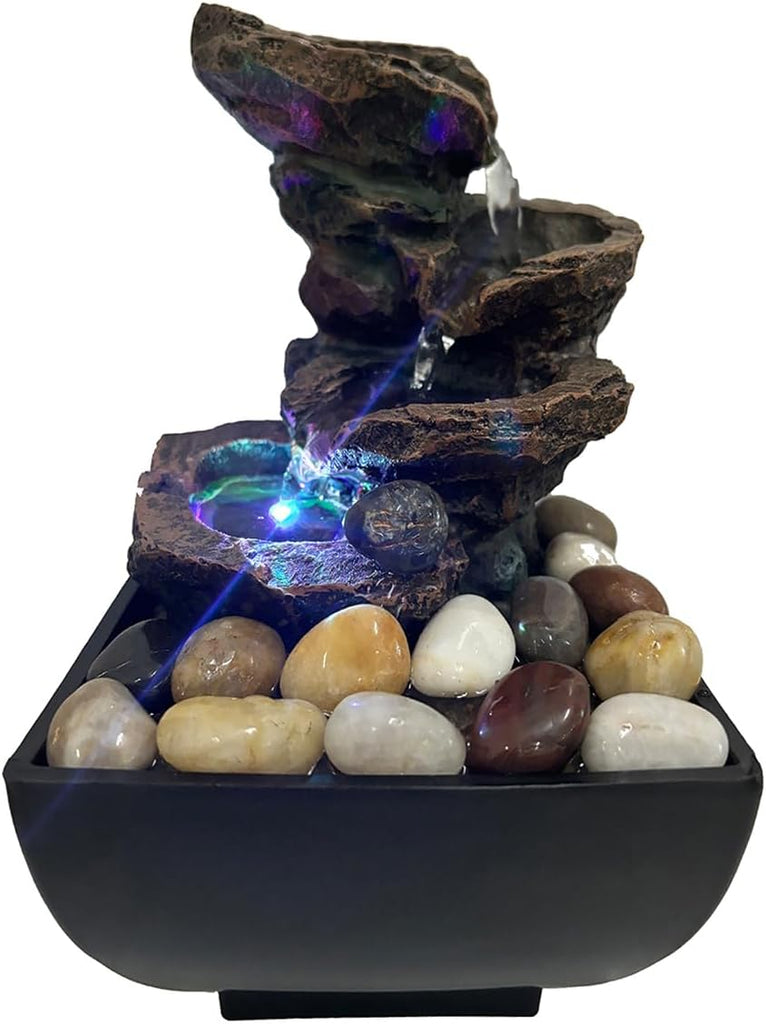 Tabletop Fountain Indoor Waterfall Rock Fountain, Meditation Fountain with Color LED Light, Waterfall Feature Decor