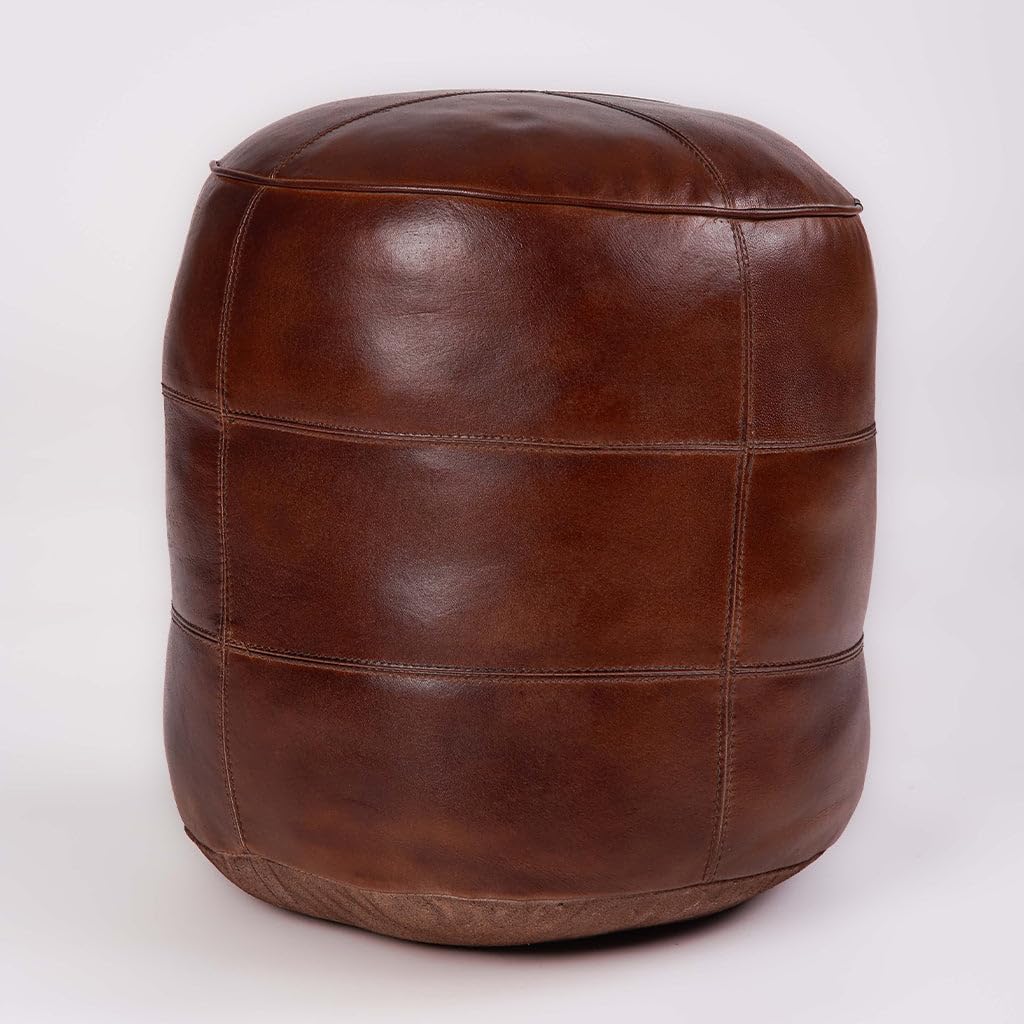 Round Shaped Buffalo Leather Eco-Friendly Brown Pouf - Round Pouf, 14"x14" x14", Plain Solid Pouf, Buffalo Leather