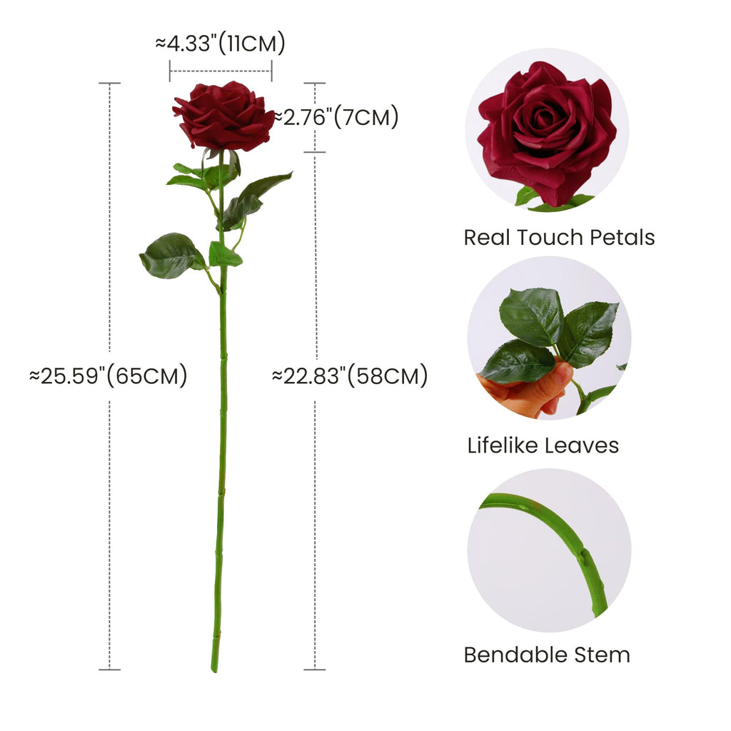 Real Touch Roses Artificial Flowers, 5Pcs Dark Red Faux Silk Rose